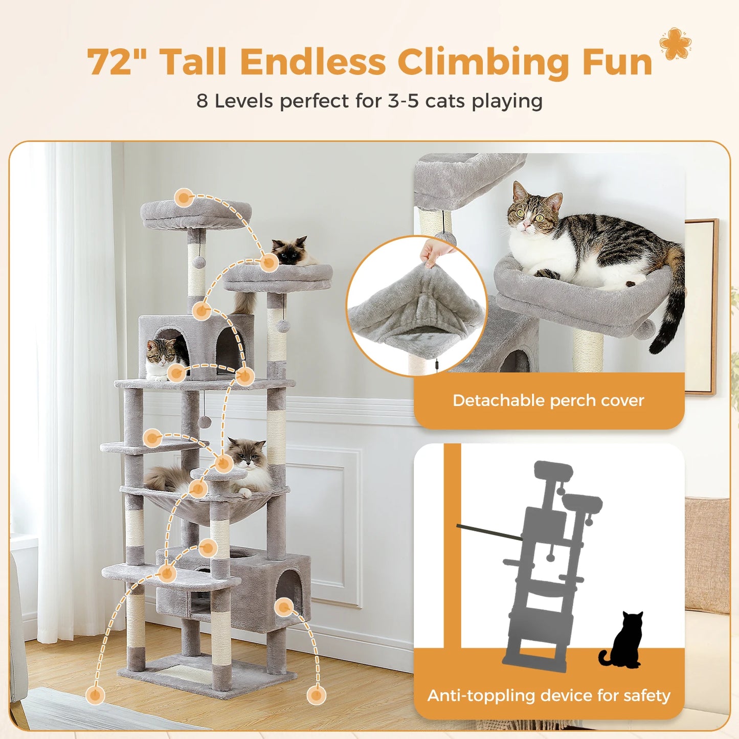 184cm Majestic Multi-Level Cat Tree with Condo, Hammock, and Scratching Post