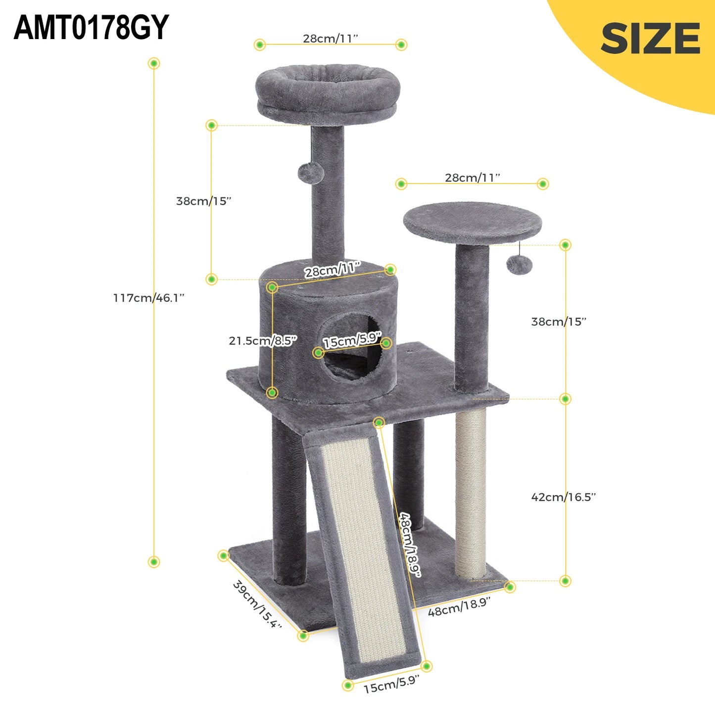 117cm Deluxe Climber Cat Tree with Scratching Post & Play Area - Pet Essentials