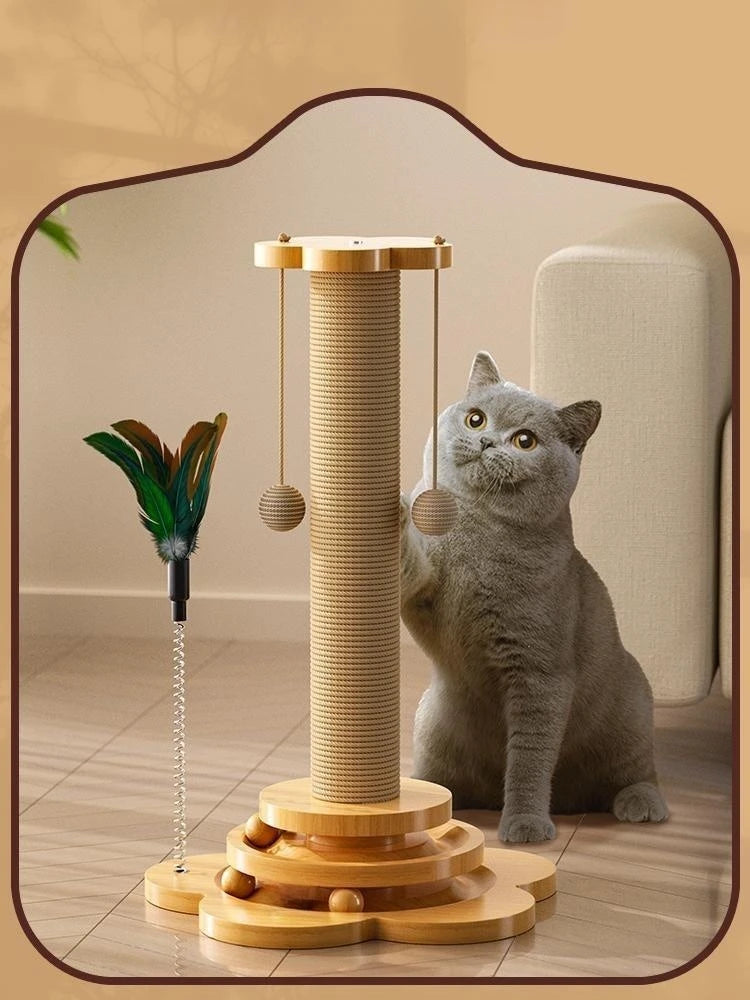 Cat Scratching Post with Sisal Board & Interactive Toy Balls β Durable Solid Wood Cat Toy with Funny Stick