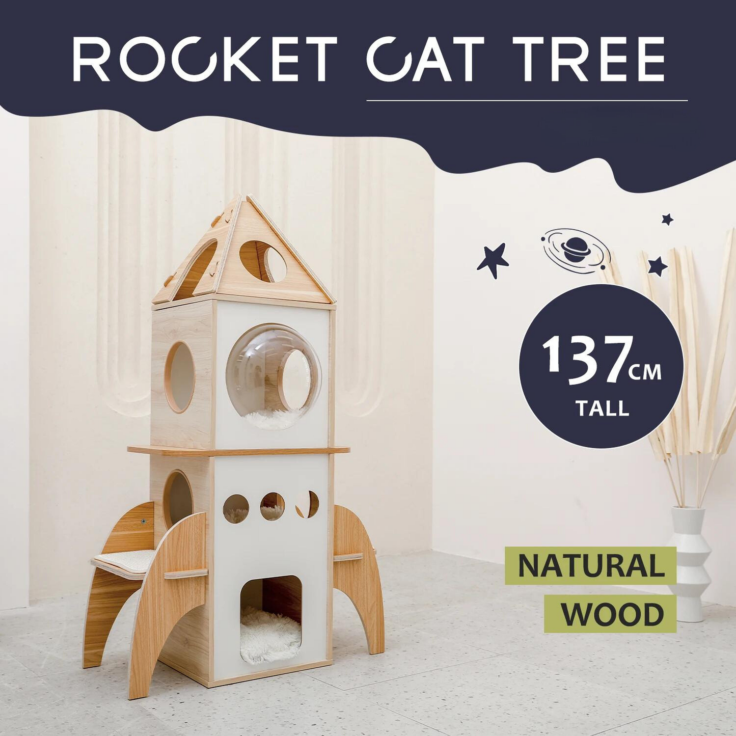 137cm Wooden Rocket Cat Tree with Sisal Scratching Posts and Cozy Condos