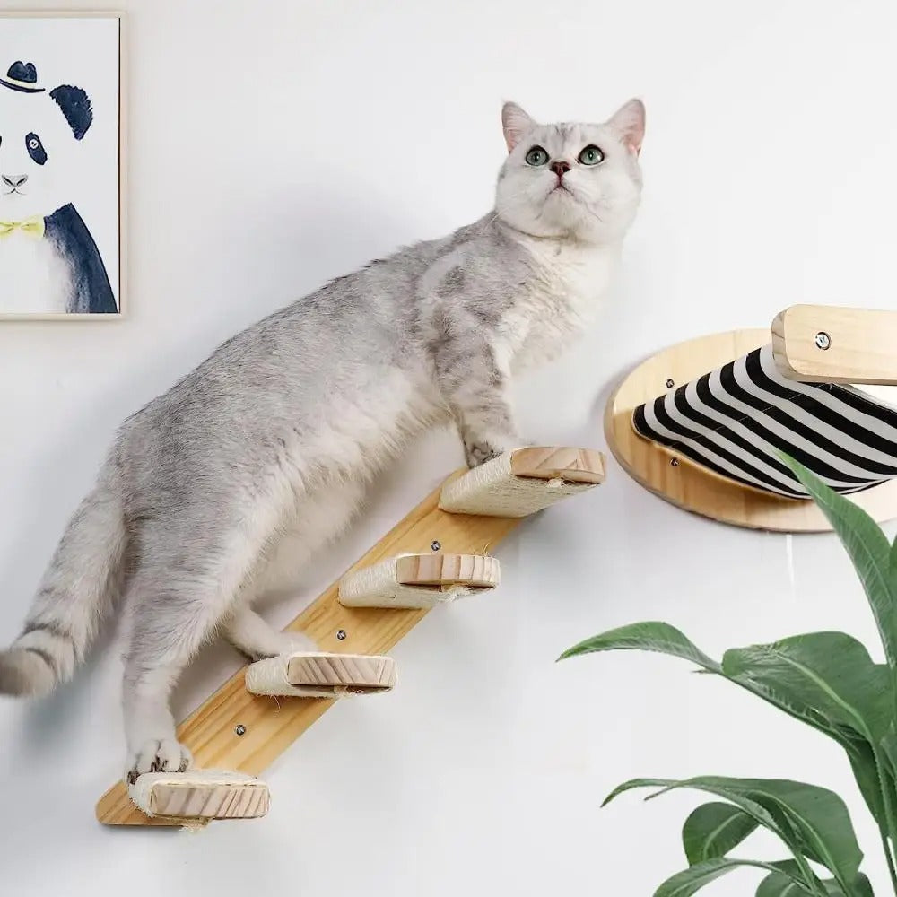 Wall-Mounted Wooden Cat Hammock and Scratching Post with Ladder Steps