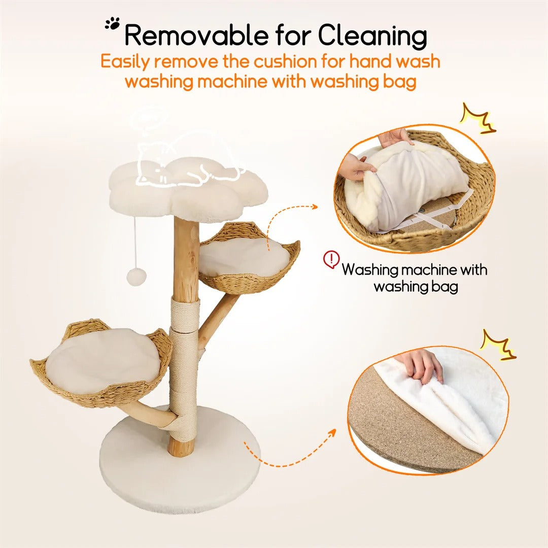 110cm Modern Wooden Cat Tree with Scratching Post – Stylish Climbing Tower for Kittens & Cats