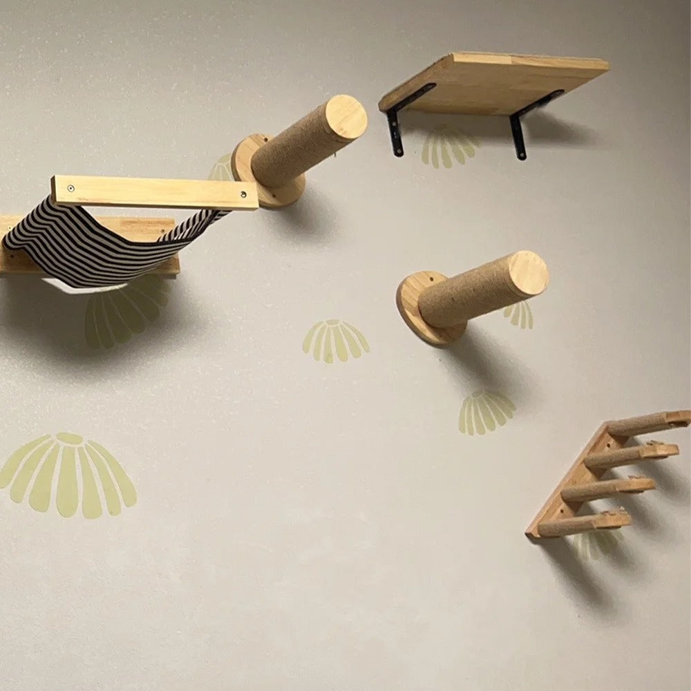 Wooden Wall-Mounted Cat Hammock and Scratching Post with Ladder Steps