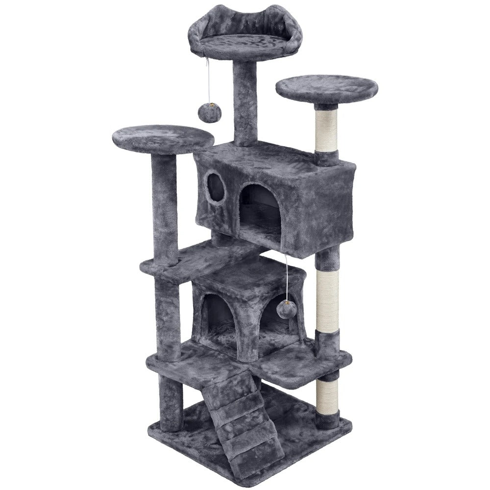 137cm Cat Tree Tower with 2 Condos, 3 Scratching Posts & 2 Dangling Balls – Large Easy-to-Clean Cat House for Kittens & Cats