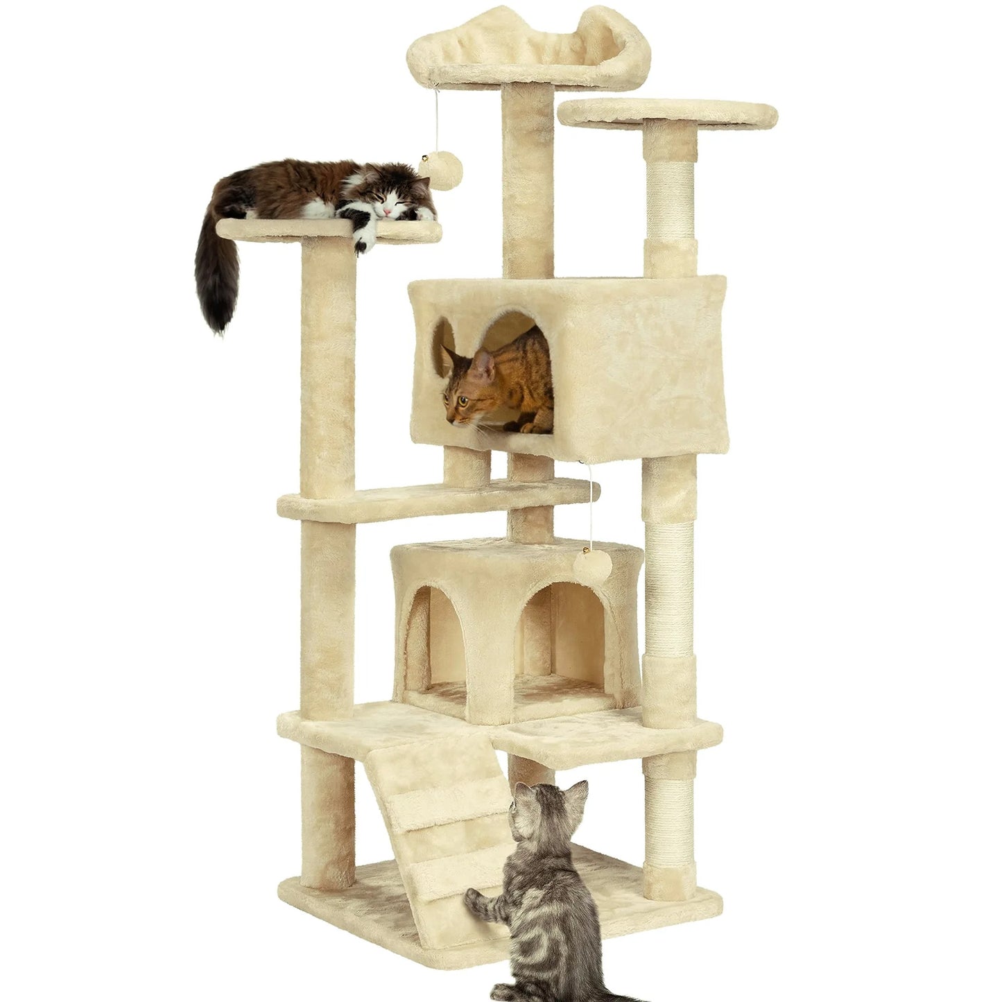 137cm Cat Tree Tower with 2 Condos, 3 Scratching Posts & 2 Dangling Balls – Large Easy-to-Clean Cat House for Kittens & Cats