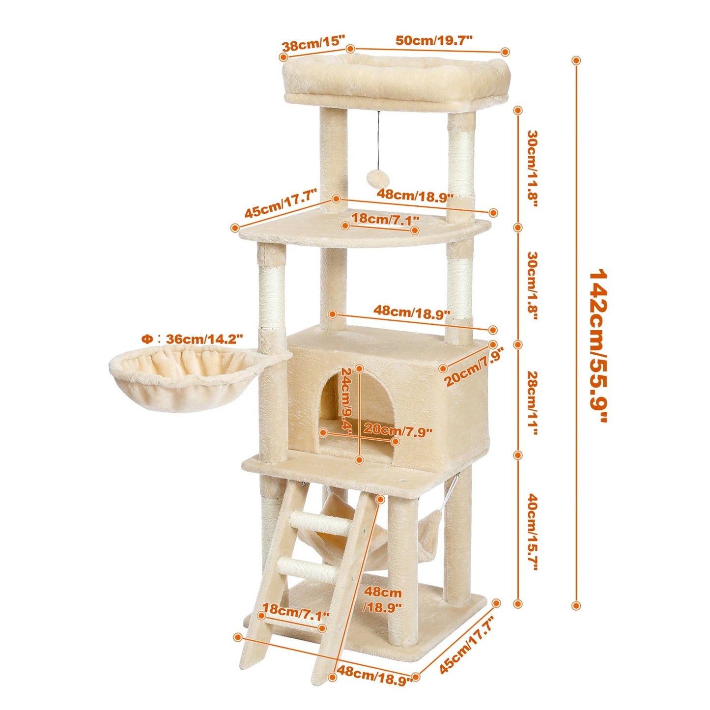 138cm Multi-Level Wooden Cat Tree with Condo and Scratching Posts