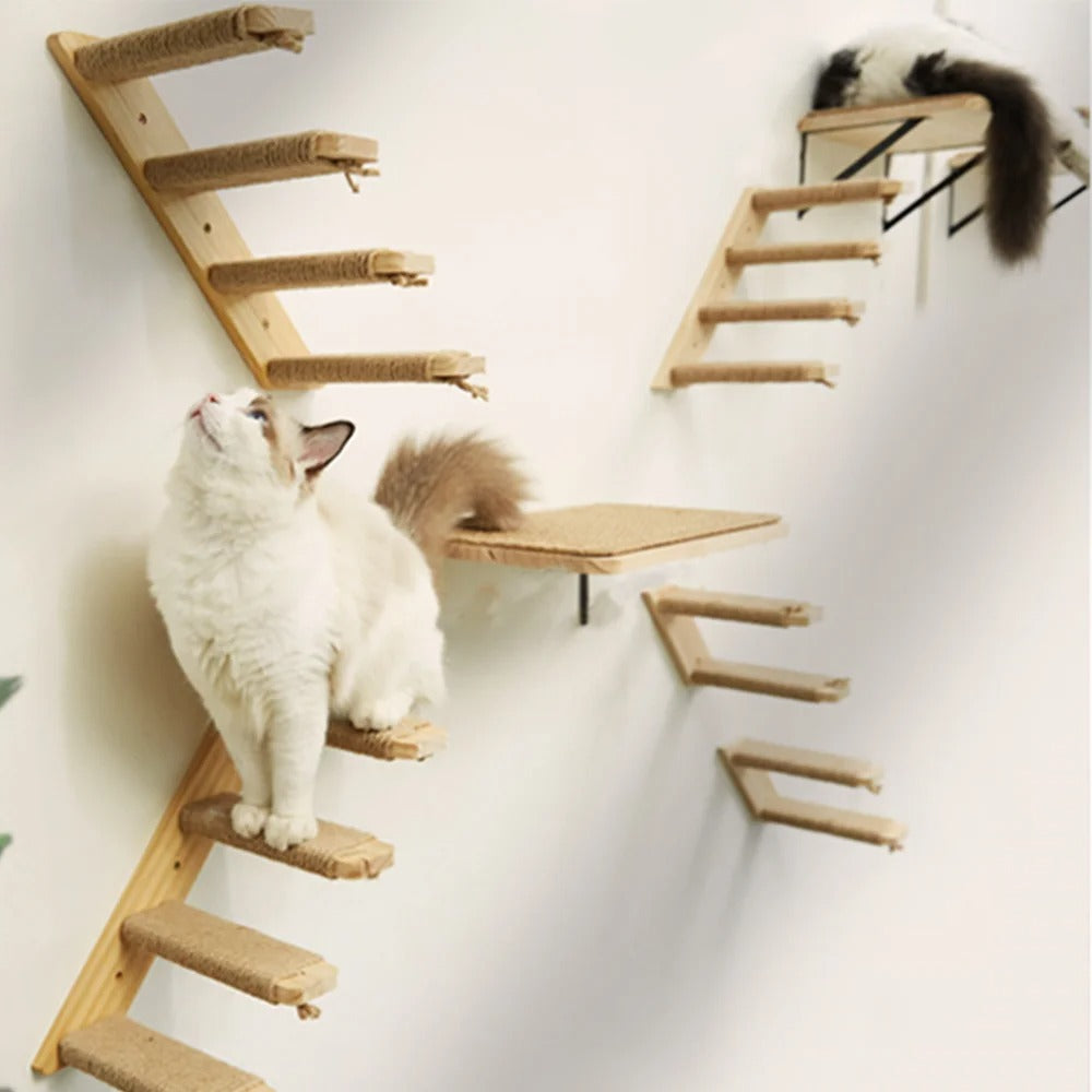 Wooden Wall-Mounted Cat Hammock and Scratching Post with Ladder Steps