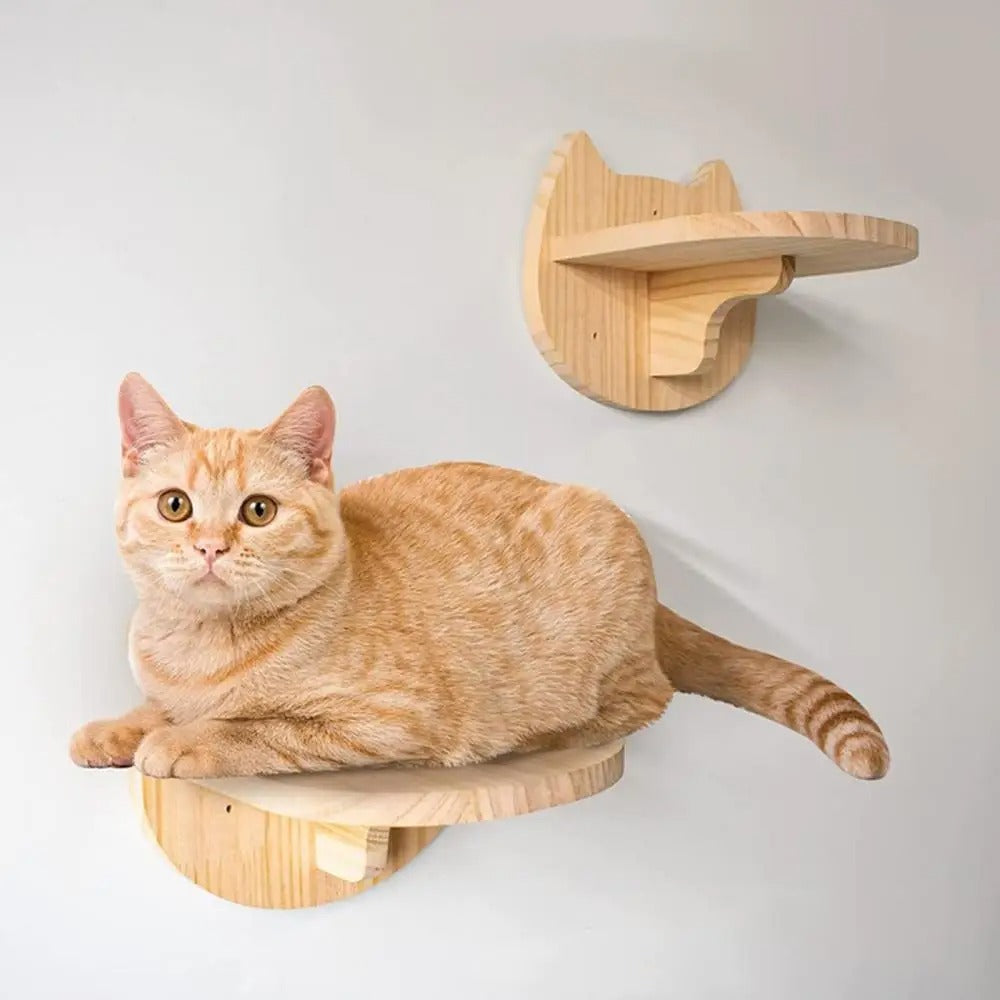 Wall-Mounted Wooden Cat Hammock and Scratching Post with Ladder Steps