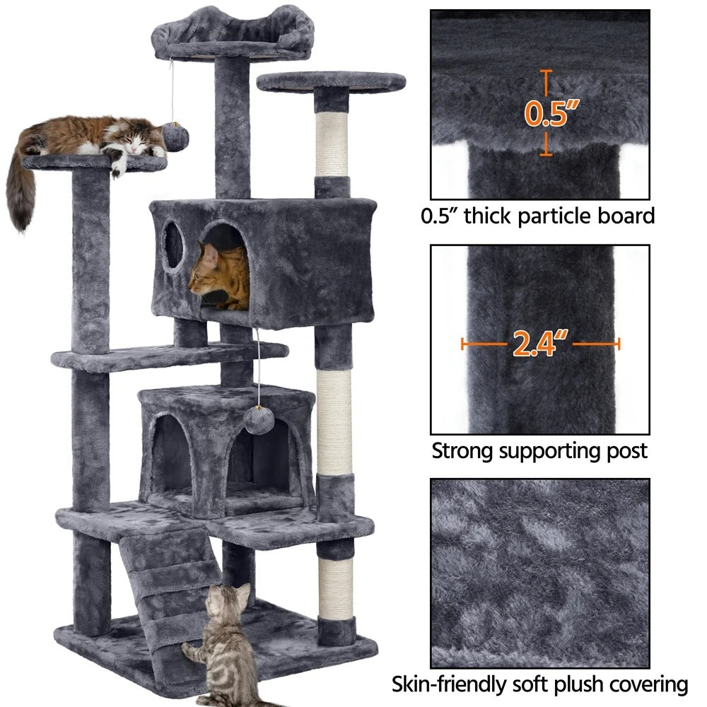 137cm Cat Tree Tower with 2 Condos, 3 Scratching Posts & 2 Dangling Balls – Large Easy-to-Clean Cat House for Kittens & Cats