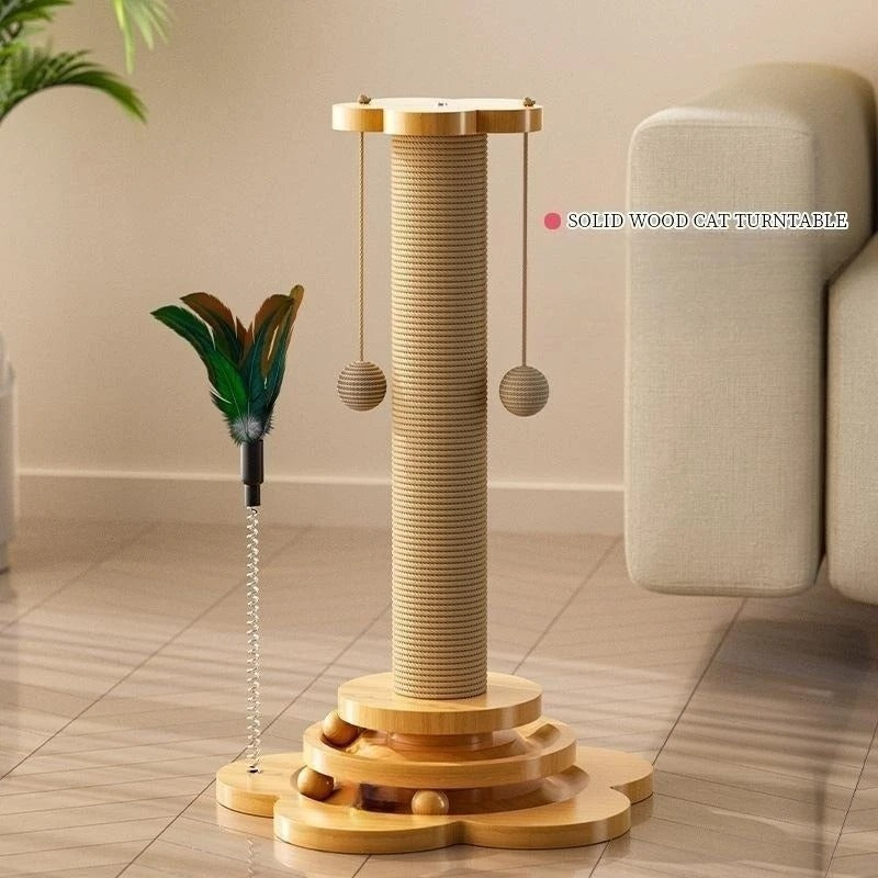 Cat Scratching Post with Sisal Board & Interactive Toy Balls β Durable Solid Wood Cat Toy with Funny Stick