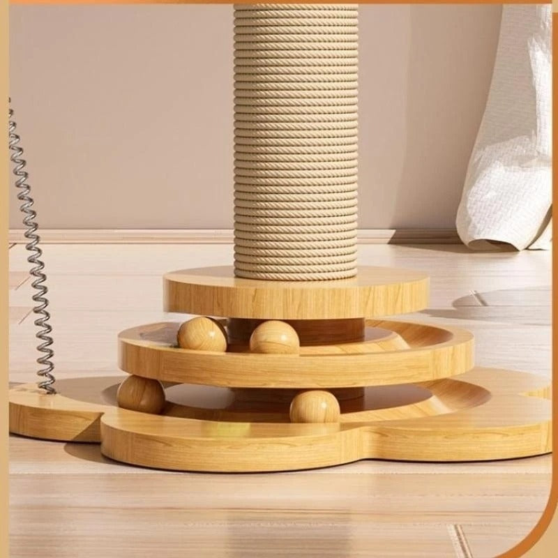Cat Scratching Post with Sisal Board & Interactive Toy Balls β Durable Solid Wood Cat Toy with Funny Stick