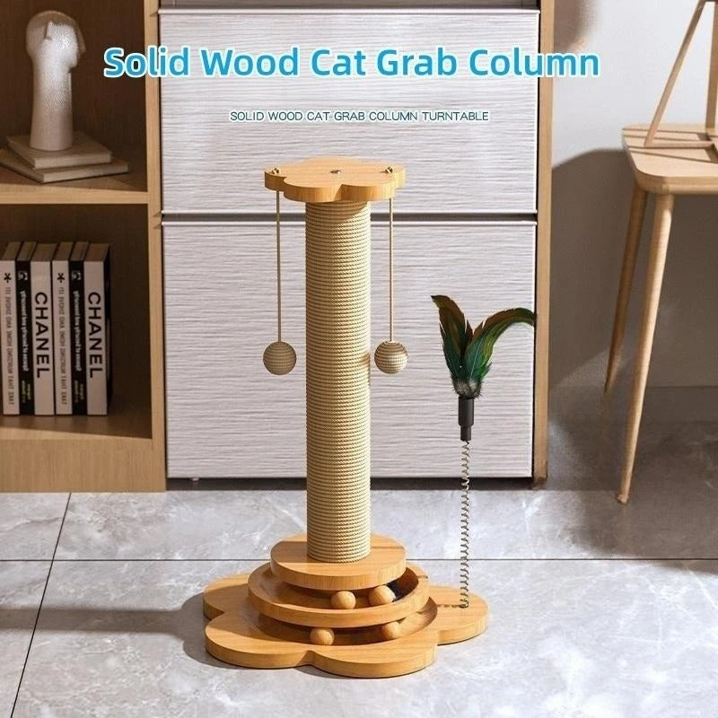 Cat Scratching Post with Sisal Board & Interactive Toy Balls β Durable Solid Wood Cat Toy with Funny Stick