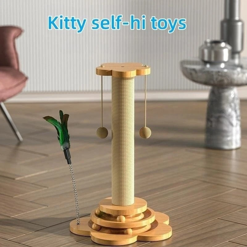 Cat Scratching Post with Sisal Board & Interactive Toy Balls β Durable Solid Wood Cat Toy with Funny Stick