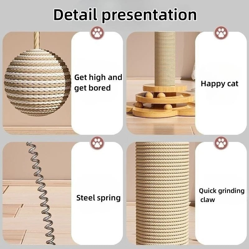 Cat Scratching Post with Sisal Board & Interactive Toy Balls β Durable Solid Wood Cat Toy with Funny Stick