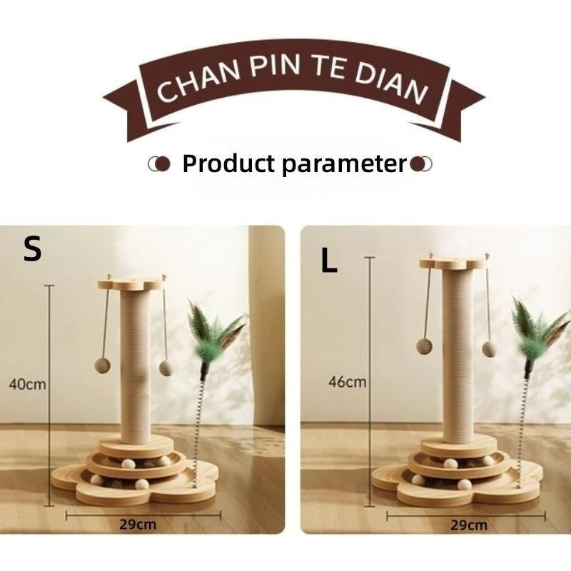 Cat Scratching Post with Sisal Board & Interactive Toy Balls β Durable Solid Wood Cat Toy with Funny Stick