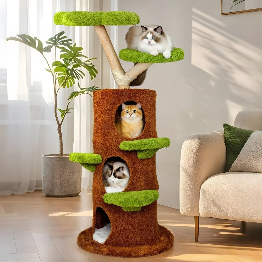 148cm Solid Wood Tall Cat Tree, Large Cozy Condo with Plush Stairs and Sisal Scratching Posts