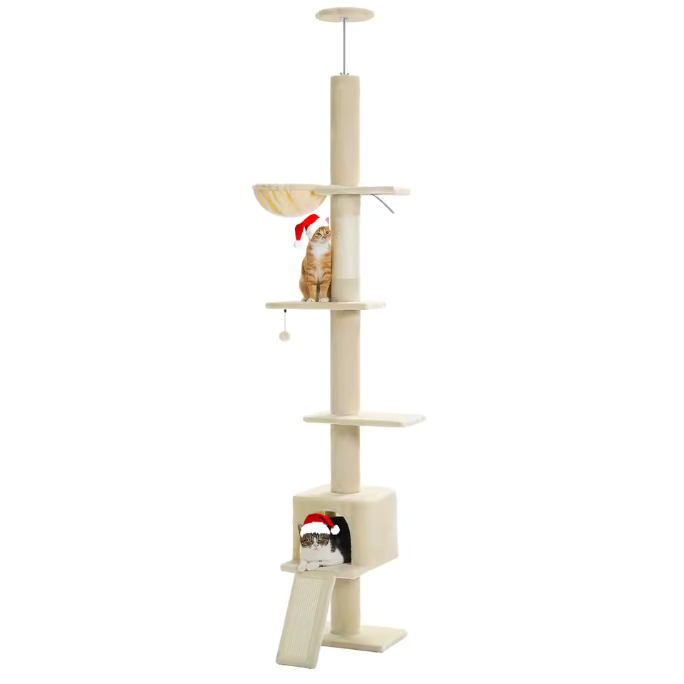 210-274cm Floor to Ceiling Cat Tower - Adjustable Height with Hammock, Condo and Scratching Post