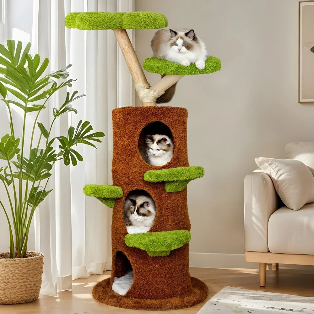 148cm Solid Wood Tall Cat Tree, Large Cozy Condo with Plush Stairs and Sisal Scratching Posts