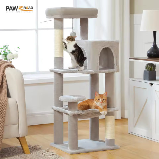 143cm Large Cat Tree with Sisal Scratching Posts, Cozy Condo and Big Hammock