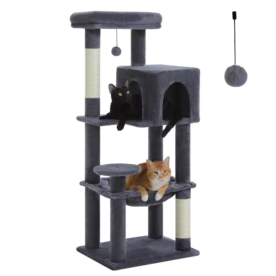 143cm Large Cat Tree with Sisal Scratching Posts, Cozy Condo and Big Hammock