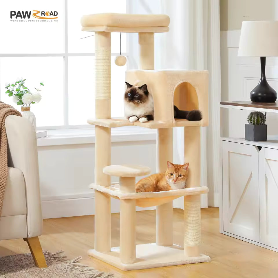 143cm Large Cat Tree with Sisal Scratching Posts, Cozy Condo and Big Hammock
