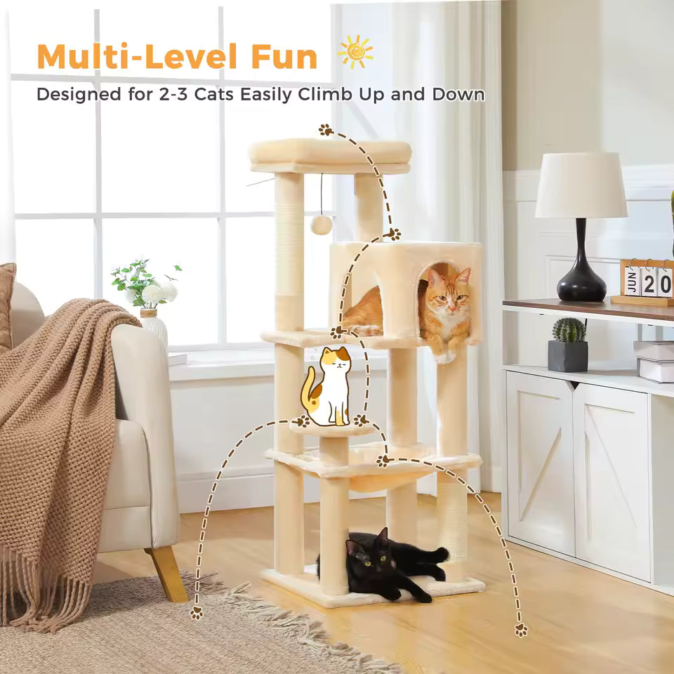 143cm Large Cat Tree with Sisal Scratching Posts, Cozy Condo and Big Hammock