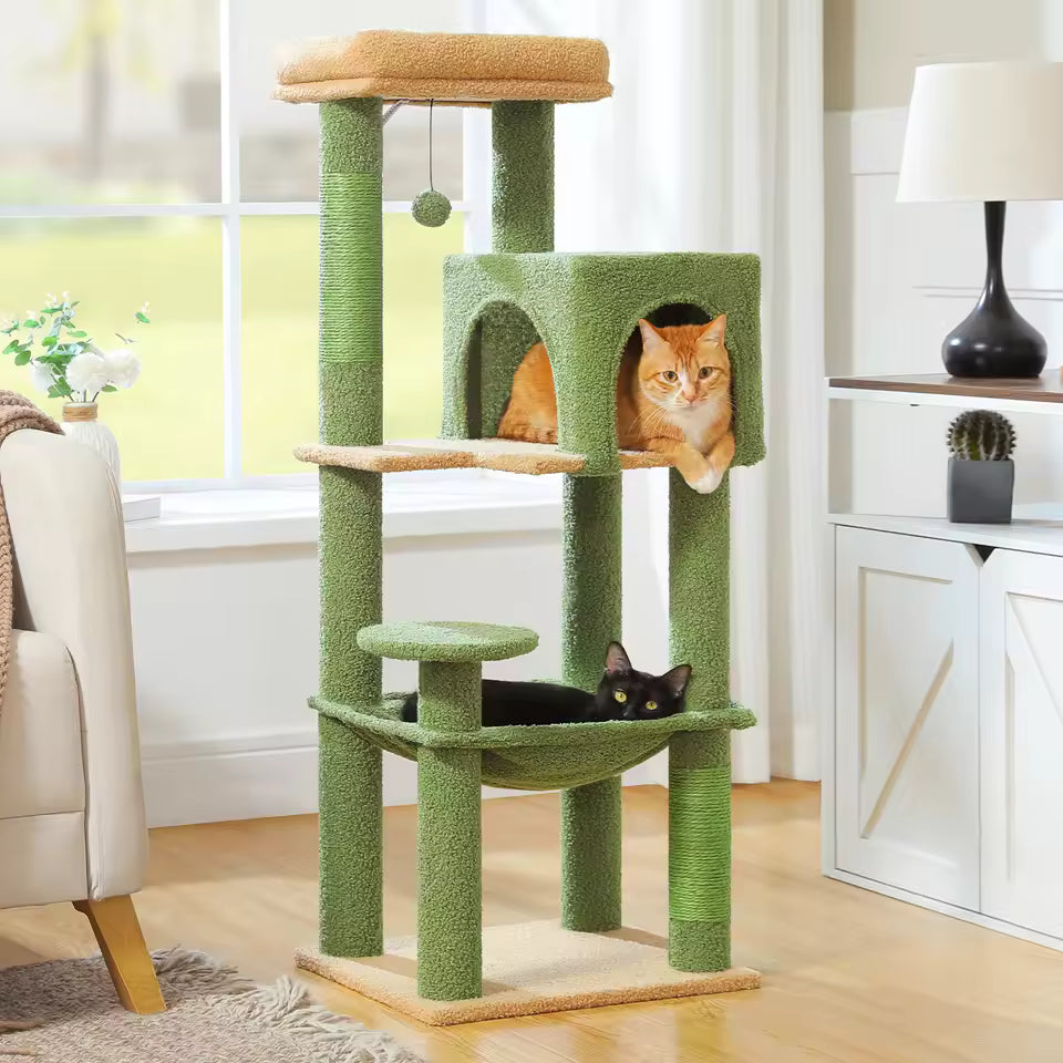143cm Large Cat Tree with Sisal Scratching Posts, Cozy Condo and Big Hammock