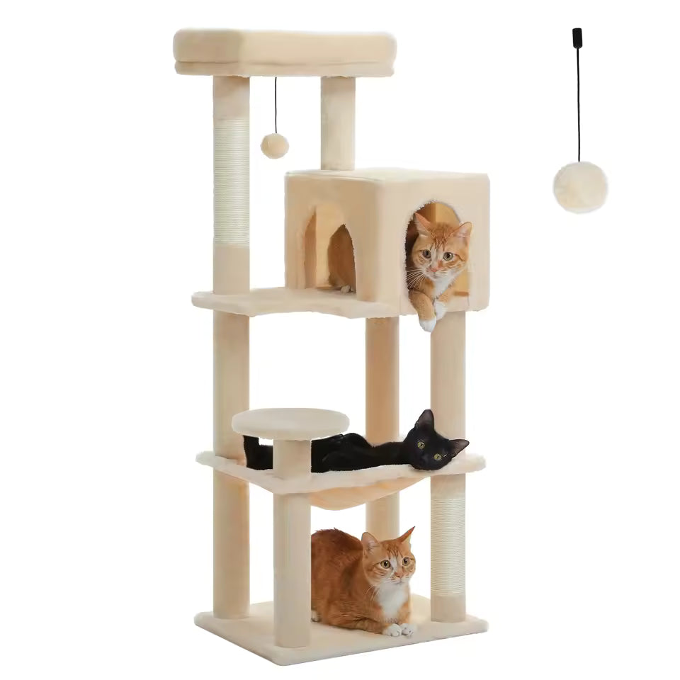 143cm Large Cat Tree with Sisal Scratching Posts, Cozy Condo and Big Hammock