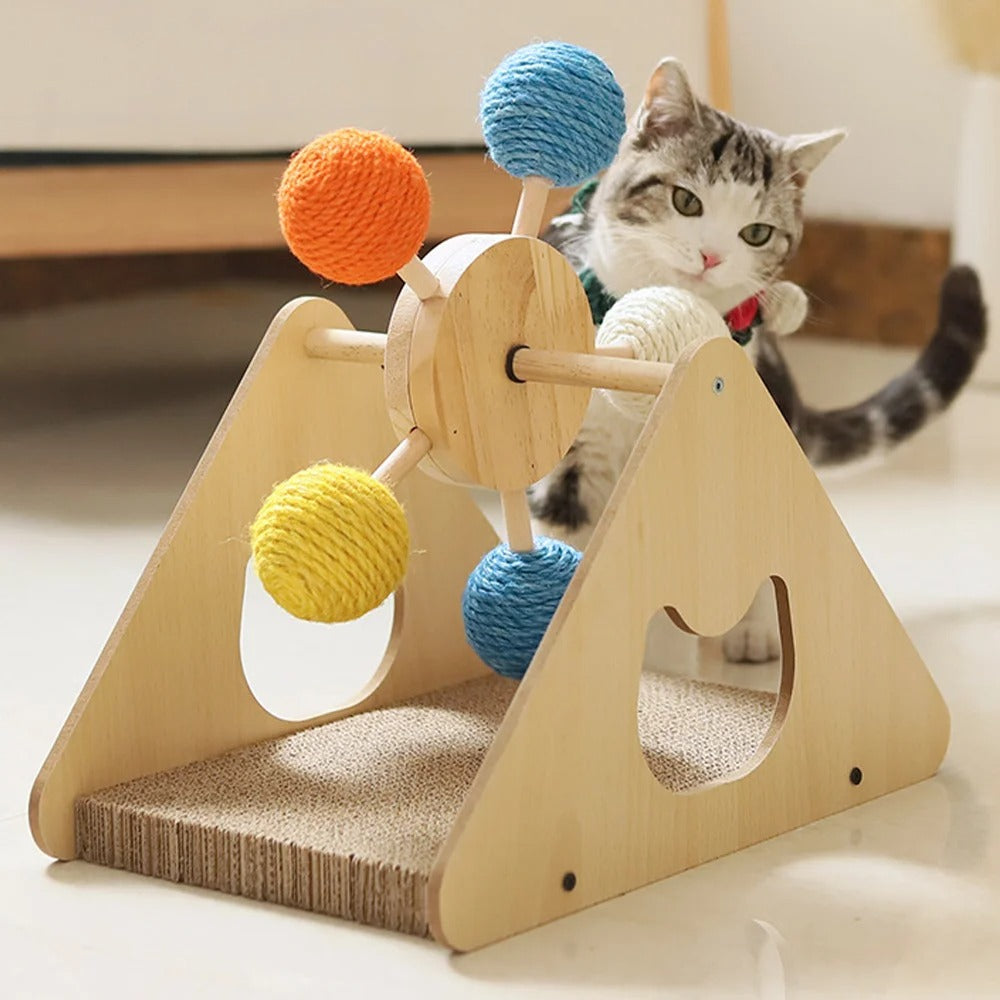 Wooden Cat Scratching Board with Sisal Ball Ferris Wheel Turntable