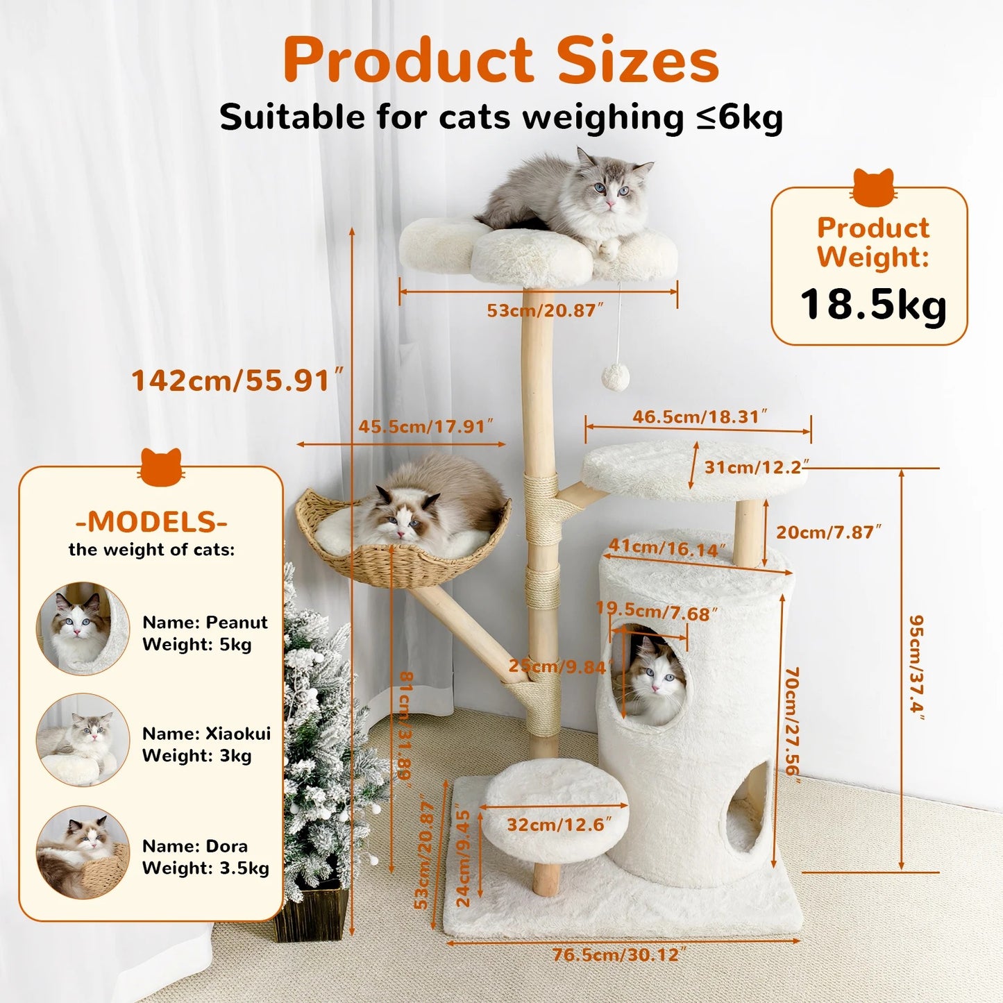 142cm Large Solid Natural Wood Cat Tree with Condo and Scratching Post