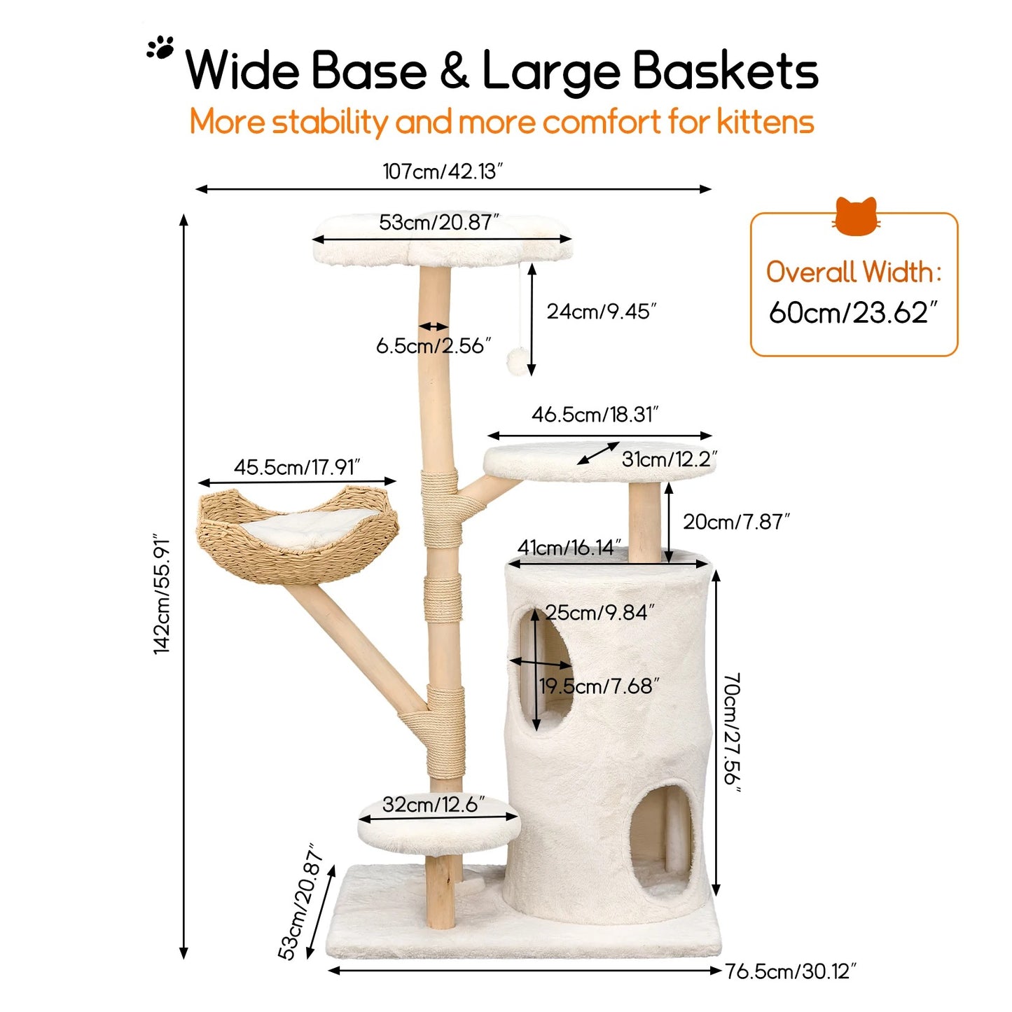 142cm Large Solid Natural Wood Cat Tree with Condo and Scratching Post