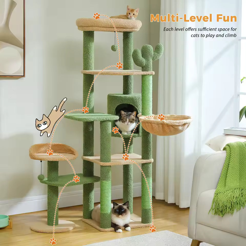 150cm Cactus-Themed Large Cat Tree - Cozy Hammock & Condo with Scratching Posts