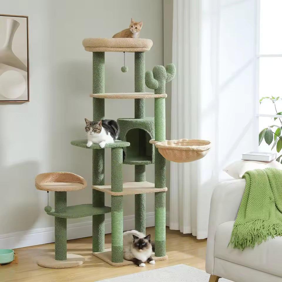 150cm Cactus-Themed Large Cat Tree - Cozy Hammock & Condo with Scratching Posts