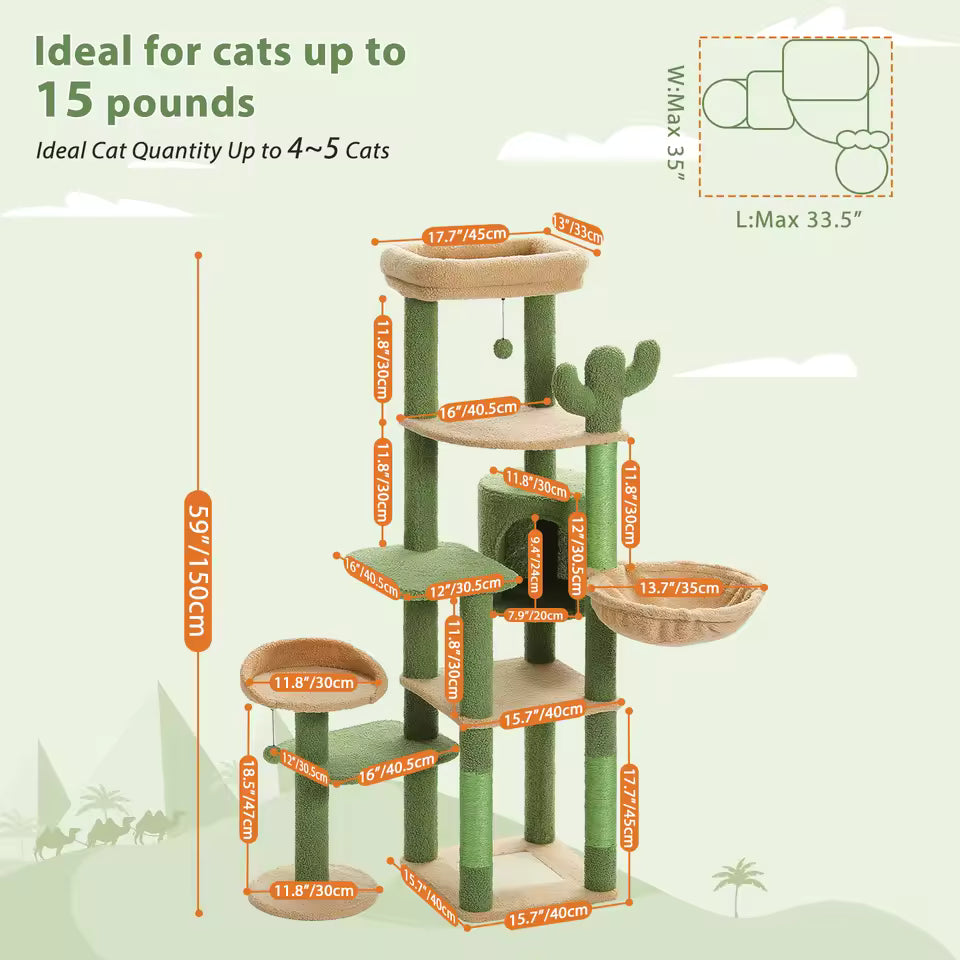 150cm Cactus-Themed Large Cat Tree - Cozy Hammock & Condo with Scratching Posts