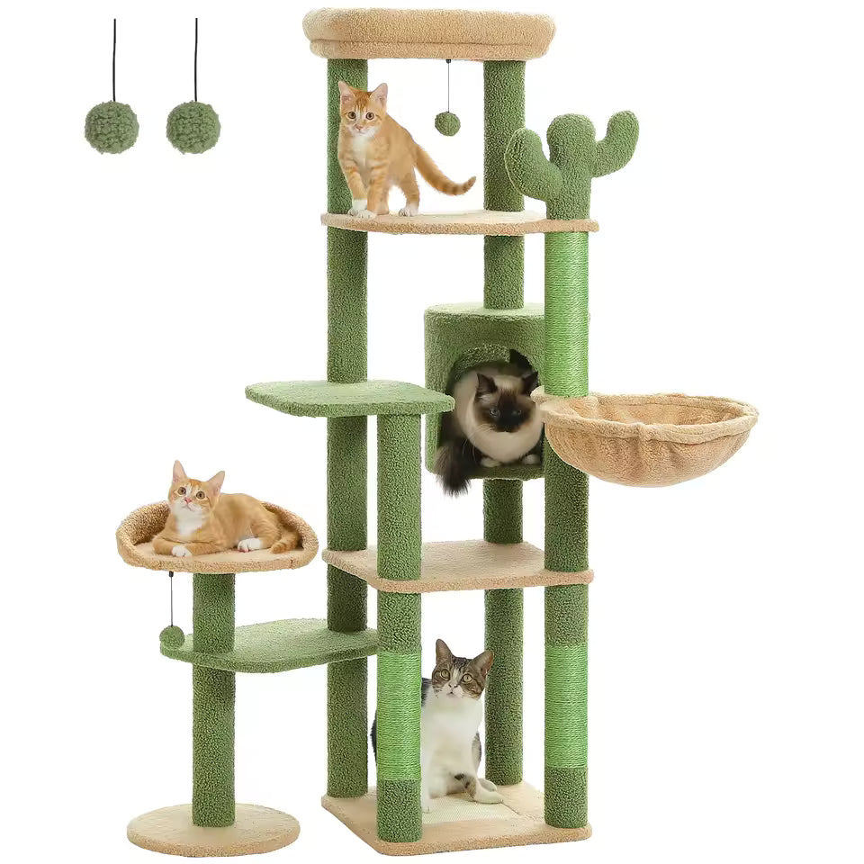 150cm Cactus-Themed Large Cat Tree - Cozy Hammock & Condo with Scratching Posts