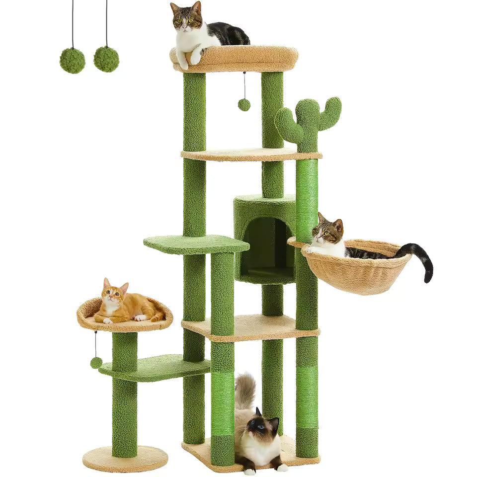 150cm Cactus-Themed Large Cat Tree - Cozy Hammock & Condo with Scratching Posts