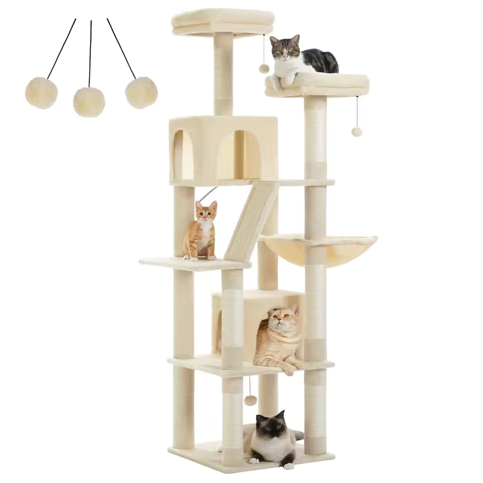 180cm Multi-Level Large Cat Tree with Top Perch, Condos, Scratching Posts and Hammock