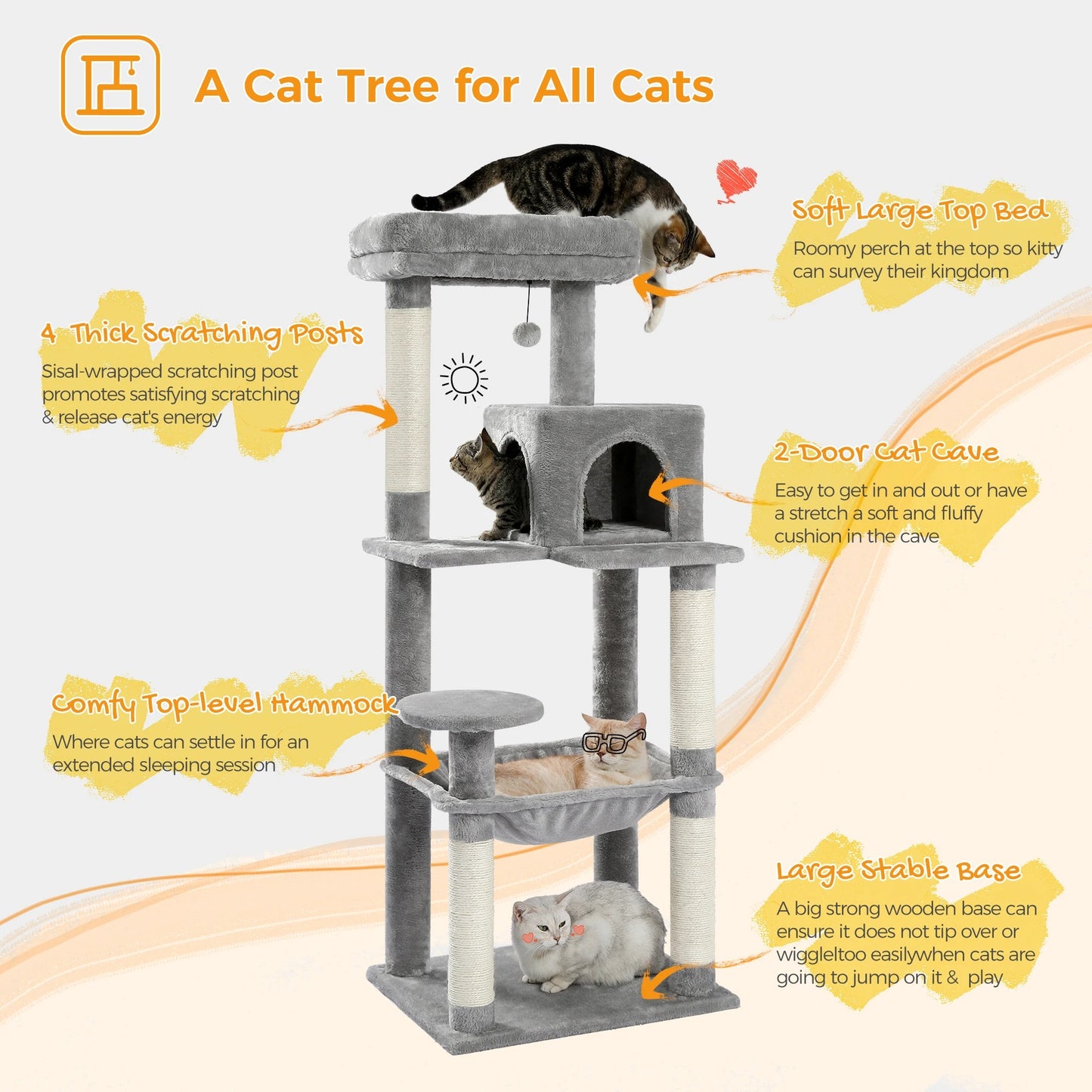 138cm Multi-Level Wooden Cat Tree with Condo and Scratching Posts