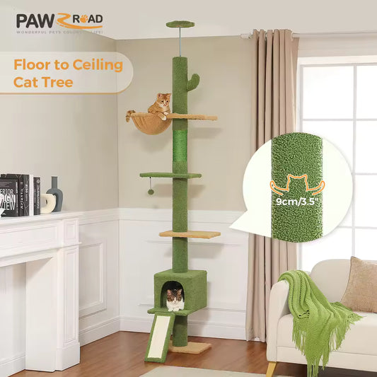 210-274cm Floor to Ceiling Cat Tower - Adjustable Height with Hammock, Condo and Scratching Post