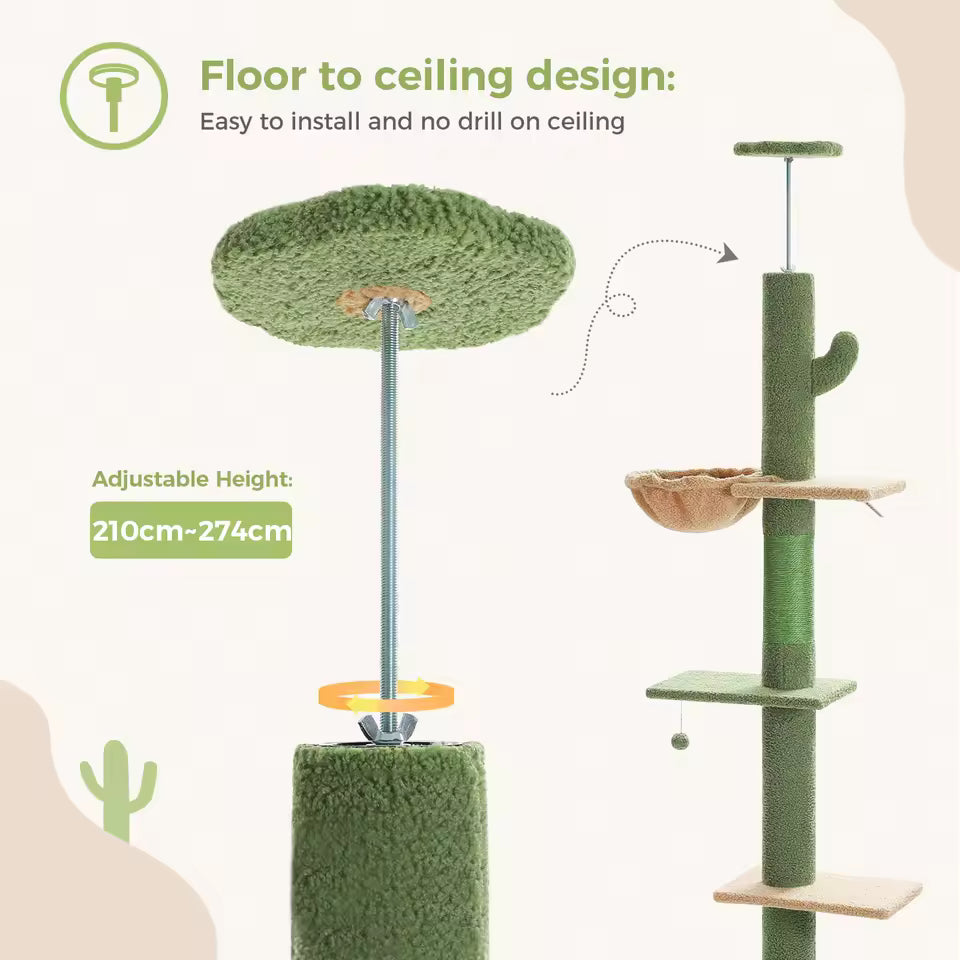 210-274cm Floor to Ceiling Cat Tower - Adjustable Height with Hammock, Condo and Scratching Post