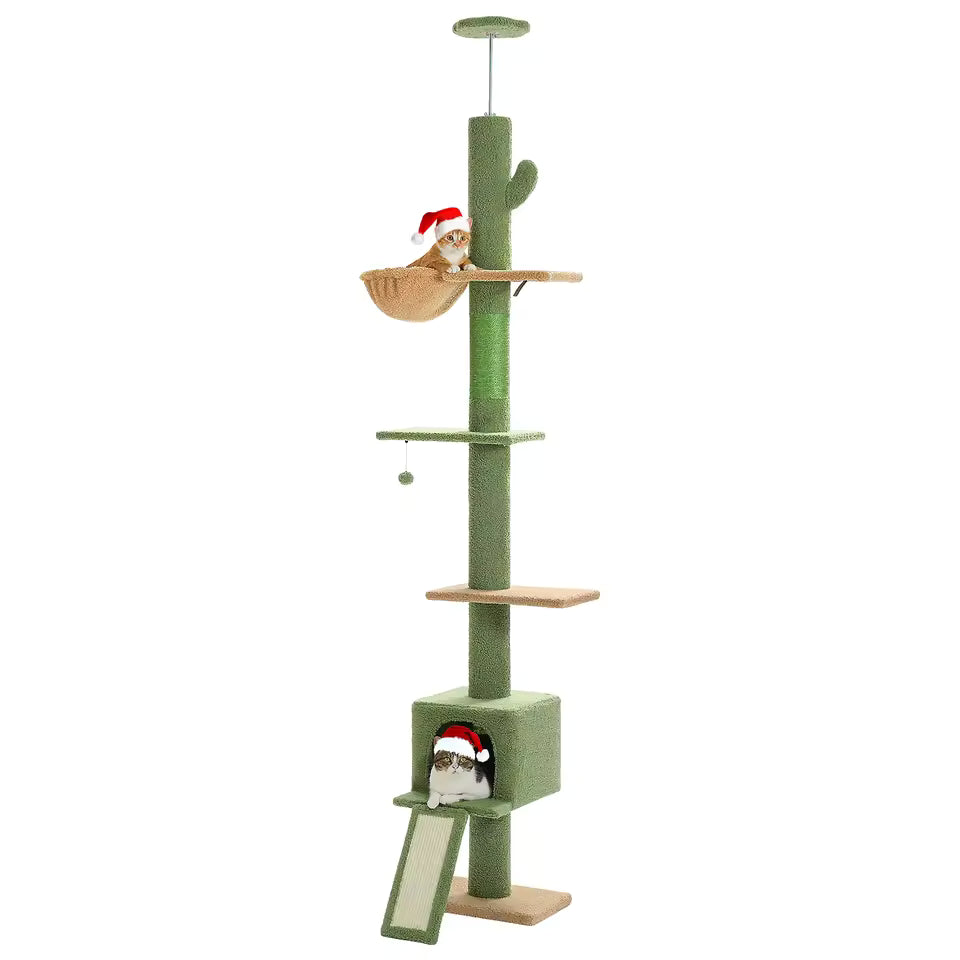 210-274cm Floor to Ceiling Cat Tower - Adjustable Height with Hammock, Condo and Scratching Post