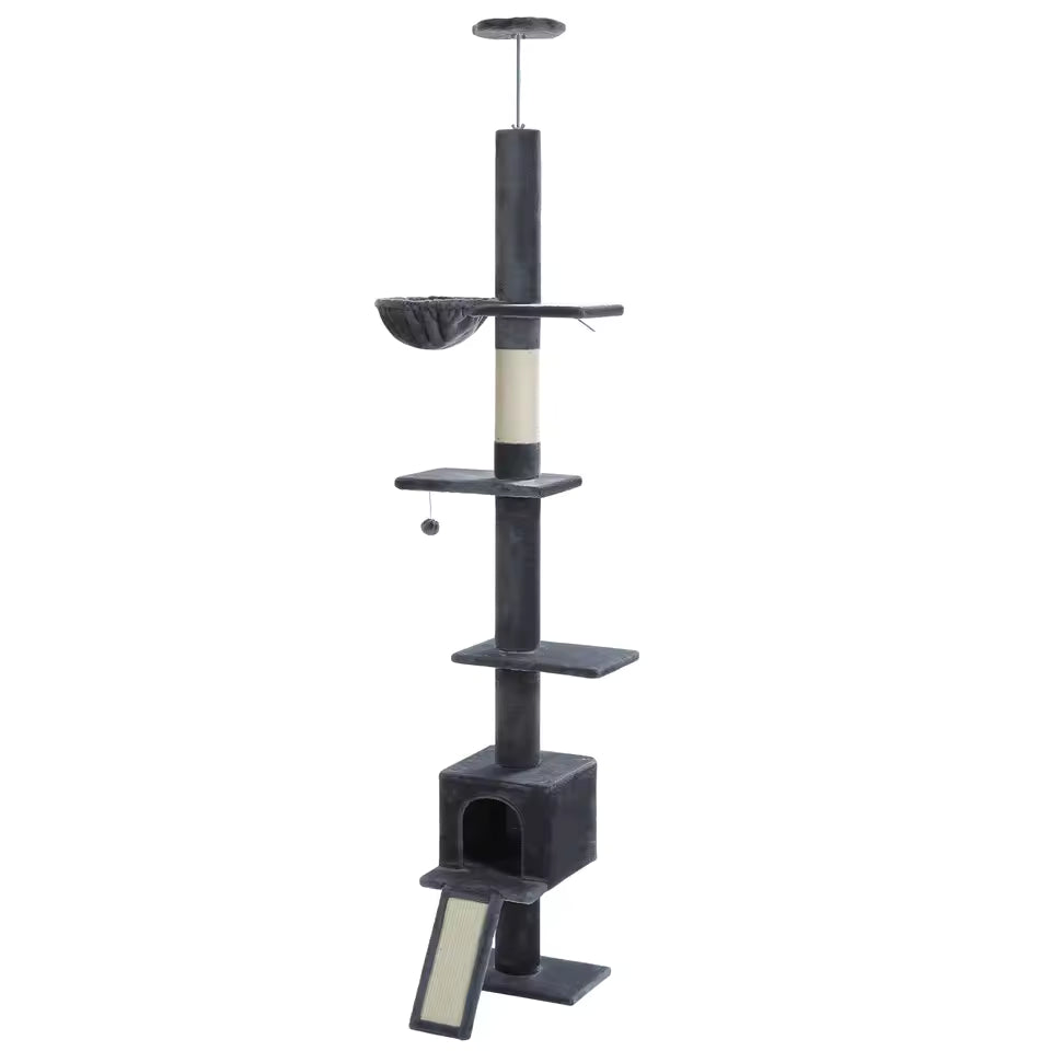 210-274cm Floor to Ceiling Cat Tower - Adjustable Height with Hammock, Condo and Scratching Post