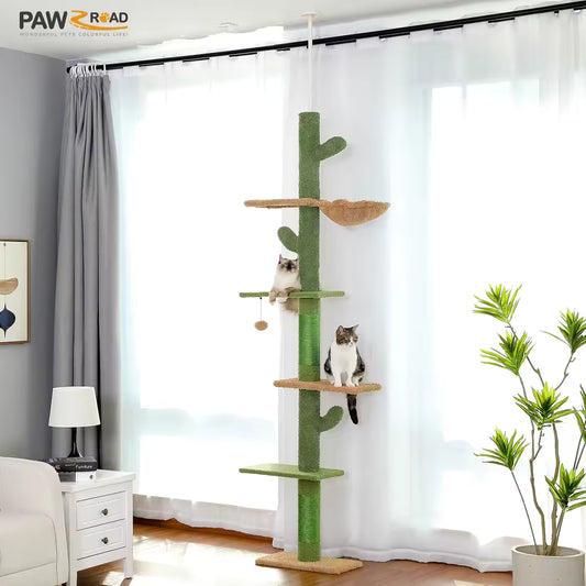 229-275cm Cactus Cat Tower - Adjustable Height Floor to Ceiling with Scratching Post and Hammock