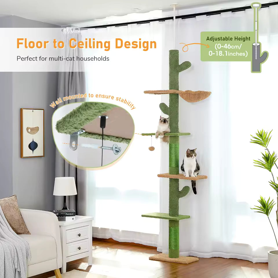 229-275cm Cactus Cat Tower - Adjustable Height Floor to Ceiling with Scratching Post and Hammock