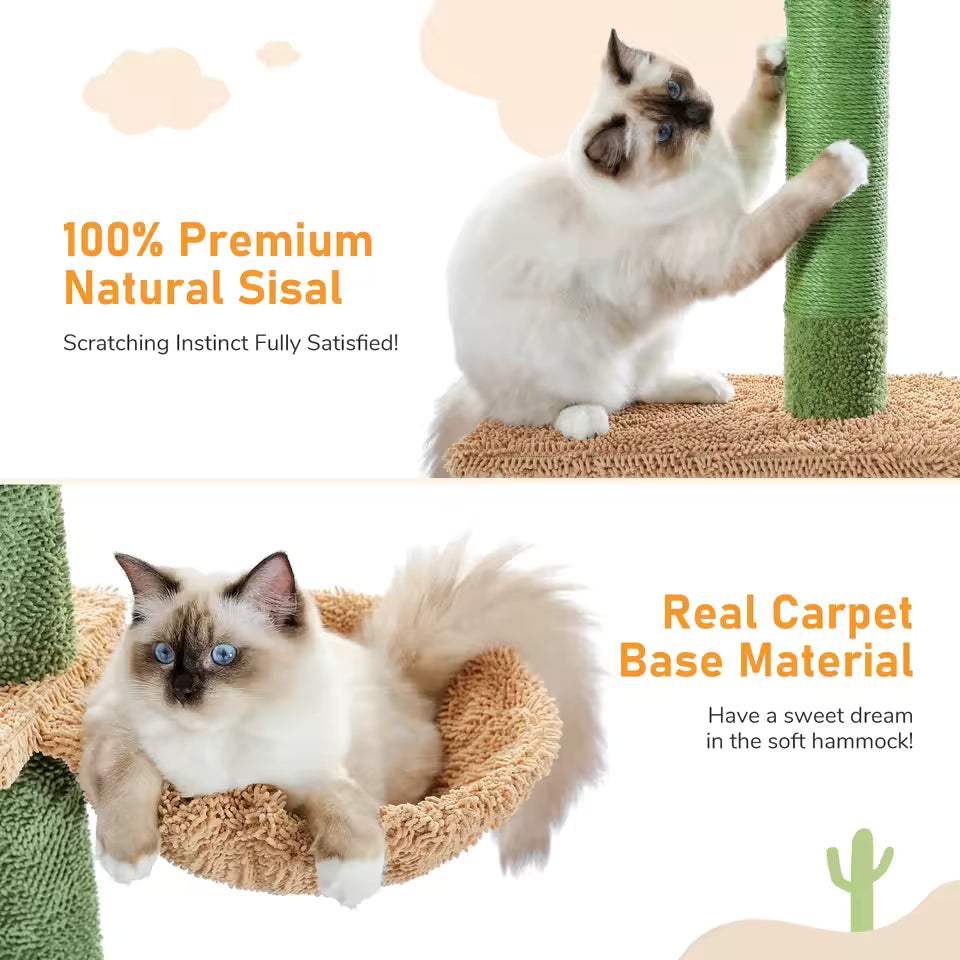 229-275cm Cactus Cat Tower - Adjustable Height Floor to Ceiling with Scratching Post and Hammock