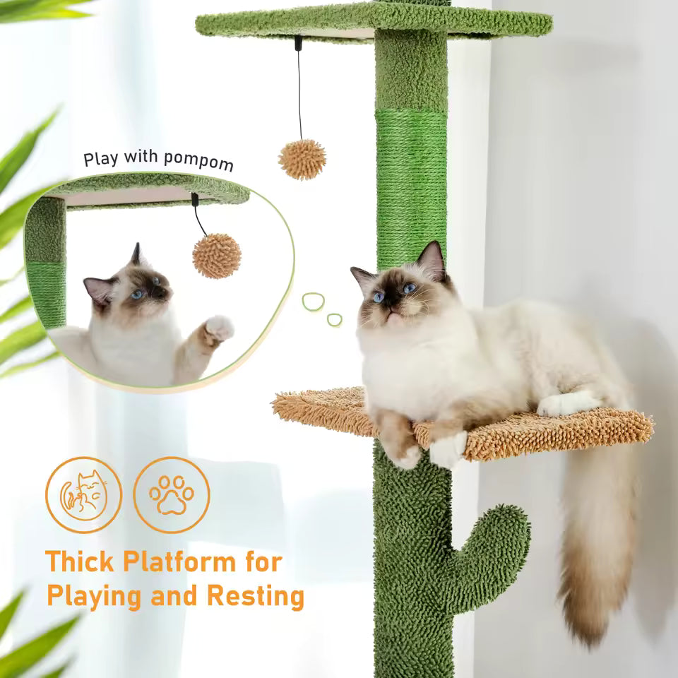 229-275cm Cactus Cat Tower - Adjustable Height Floor to Ceiling with Scratching Post and Hammock