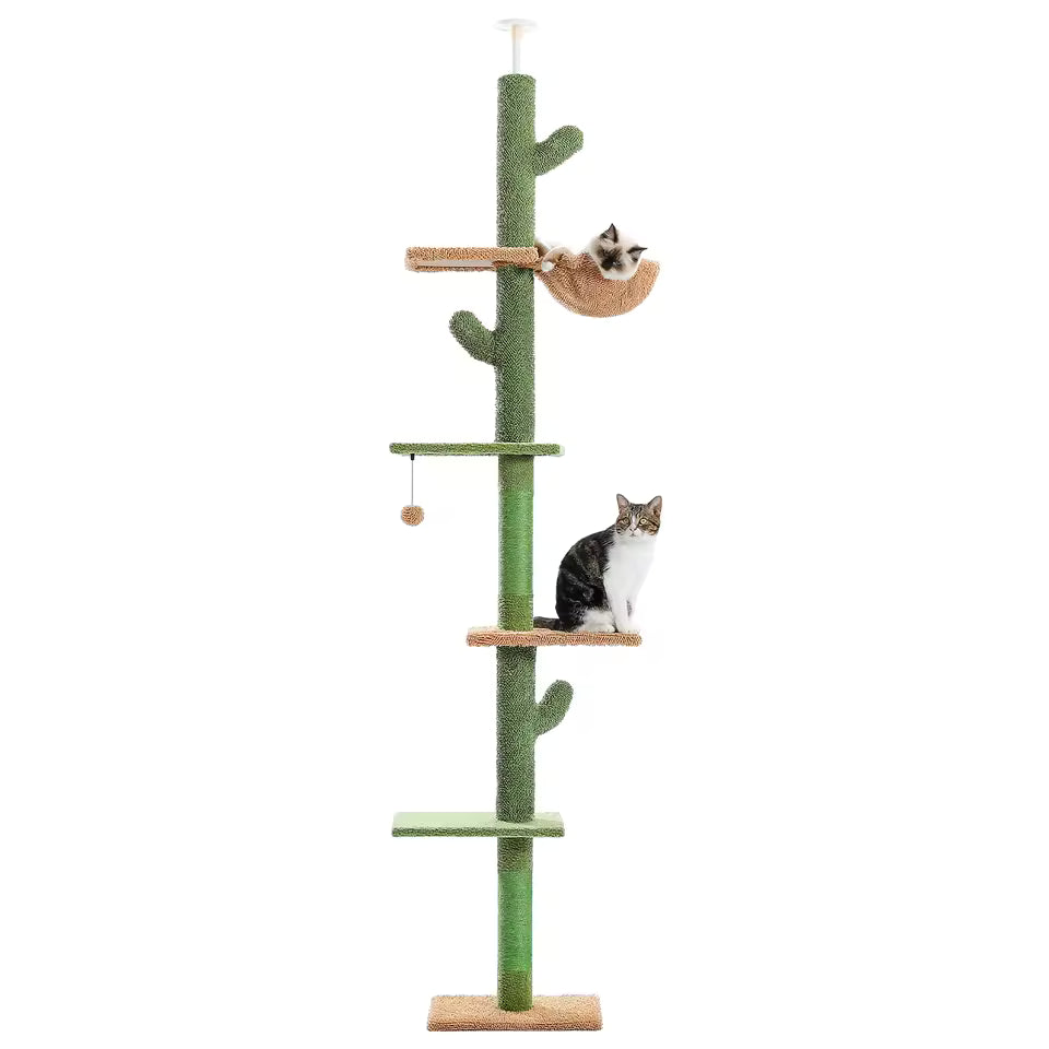 229-275cm Cactus Cat Tower - Adjustable Height Floor to Ceiling with Scratching Post and Hammock