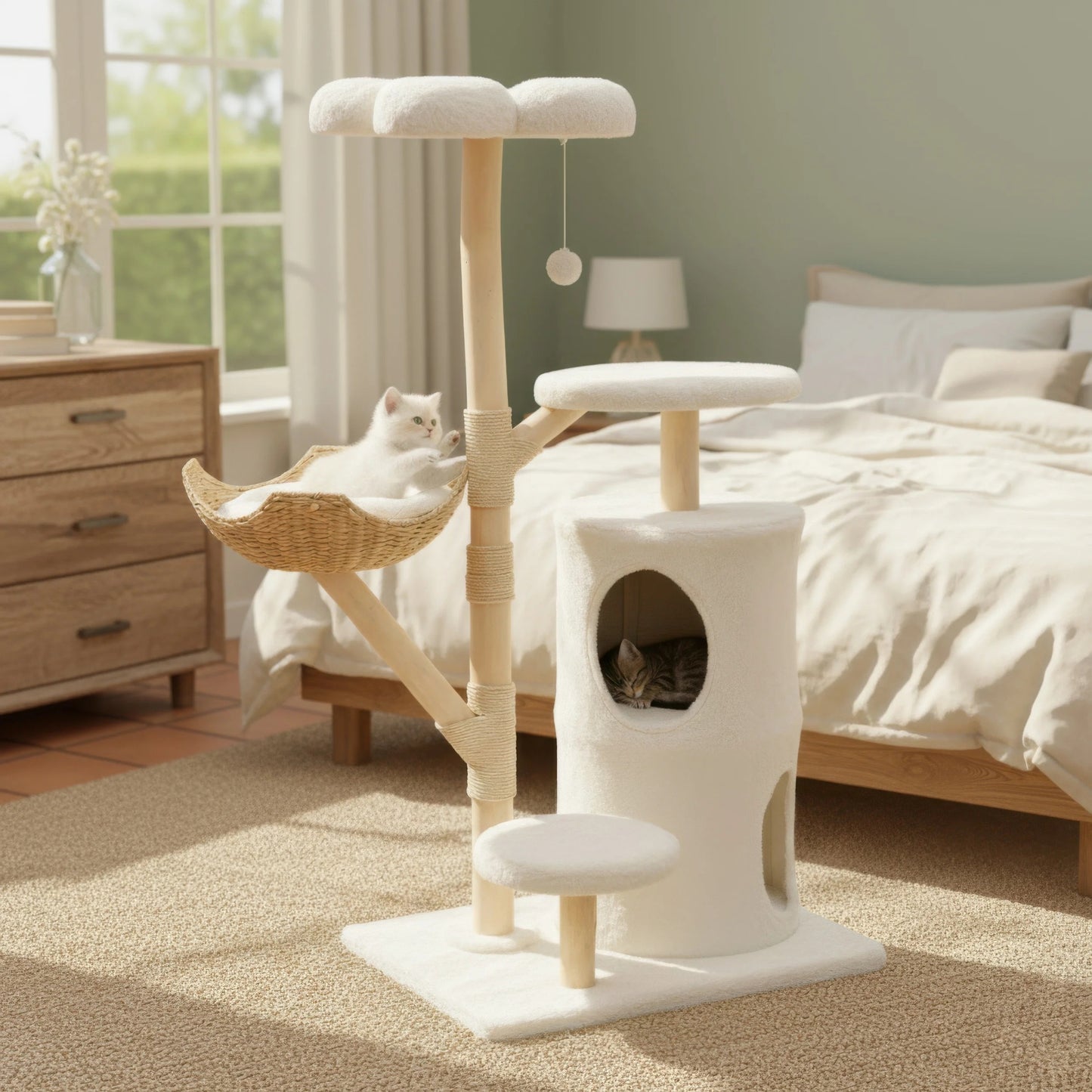 142cm Large Solid Natural Wood Cat Tree with Condo and Scratching Post