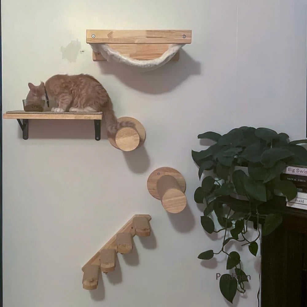 Wall Mounted Cat Climbing Wood Shelves Cat Hammock with Jumping Platform or Scratching