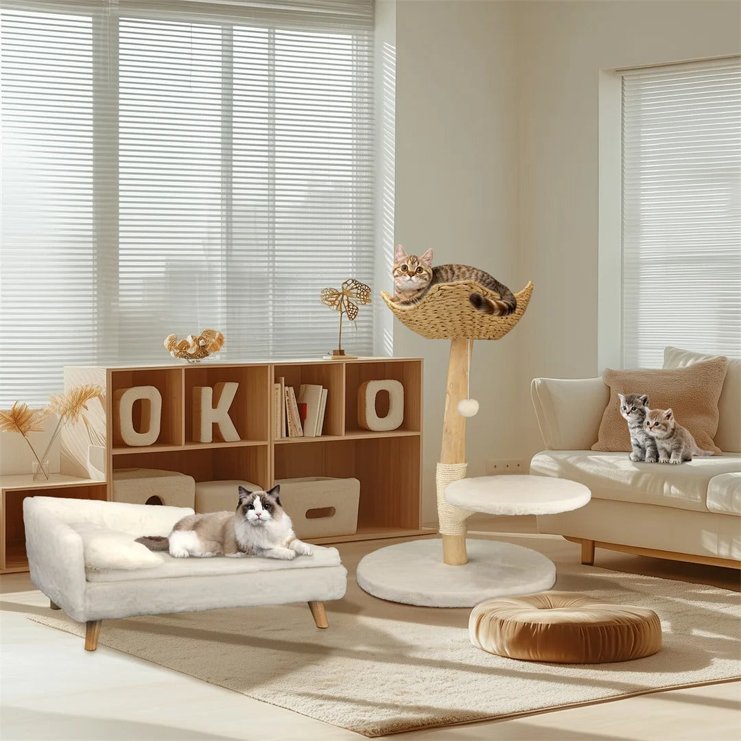 91cm Modern Solid Wood Cat Tree with Sisal Scratching Post, Cozy Beds and Toy Ball.